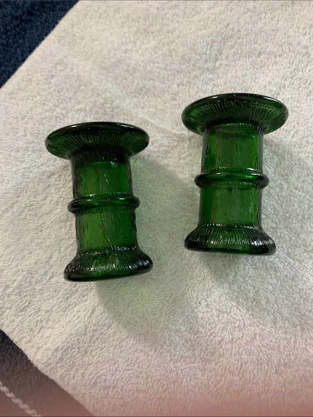 Set of 2 Crinkle Green Glass Taper Candle Holders - approximately 3 1/4 inches